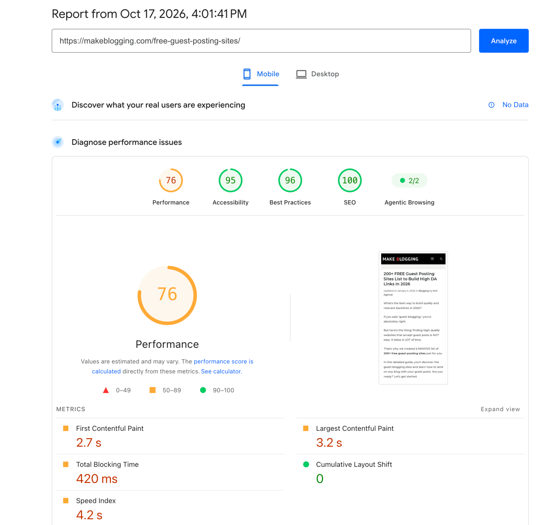 my website page speed score before installing any caching plugin