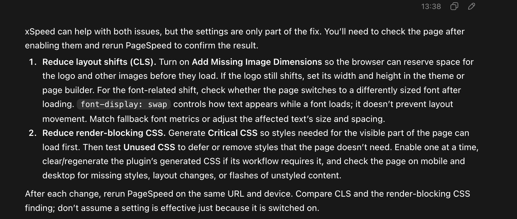 xSpeed suggests to fix cls and font issues manually